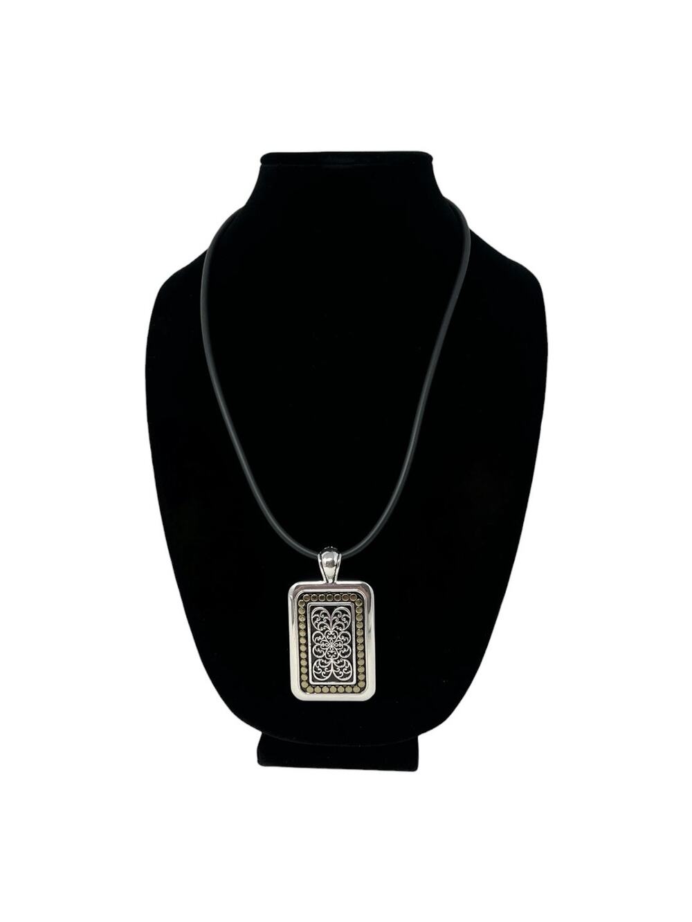 NWOT Silver & Gold Scrollwork Statement Pendant Necklace Black Enamel